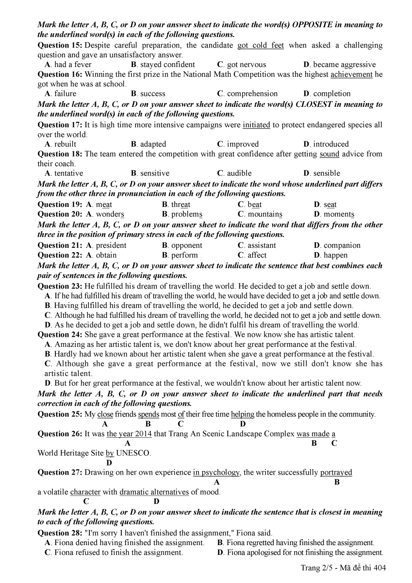 Đề thi tiếng Anh THPT Quốc gia 2018