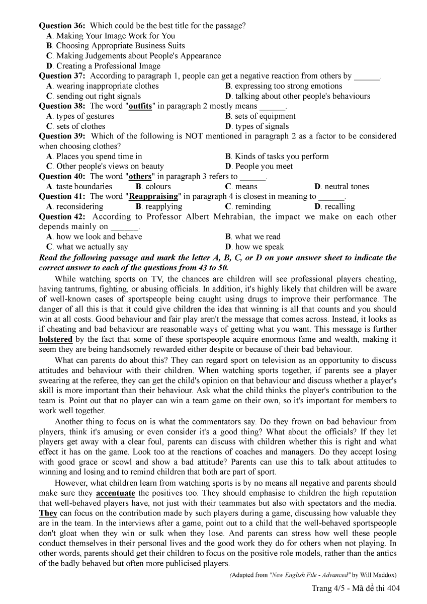 Đề thi tiếng Anh THPT Quốc gia 2018