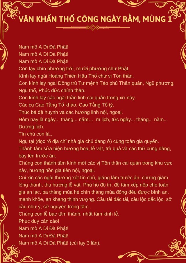 Văn khấn thổ công ngày mùng 1